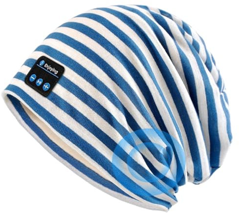 fesoklaf Musik-Beanie-Mütze, kabellos, Bluetooth 5.0, Baumwolle, dünn, lässig, modisch, weich, Stretch, Strick, Totenkopfmütze, Kopfhörer-Mütze für Männer, Frauen, Teenager, blau, Einheitsgröße