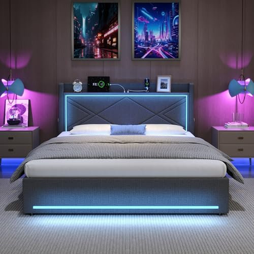 4ft6 Double Ottoman Bed with Hydraulic Lift&LED Storage Headboard, Linen Functional Upholstered Bed Frame with LED Lighting&Charging Station, Gas Lift Up Storage Bed with Slats, No Mattress, Grey