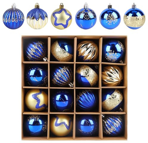 16 Pcs Christmas Balls Decoration, 6cm Multiple Styles Shatterproof Christmas Baubles Elegant White and Gold Christmas Ornaments with Hanging Loop for Xmas Tree Home Decorations (Blue)