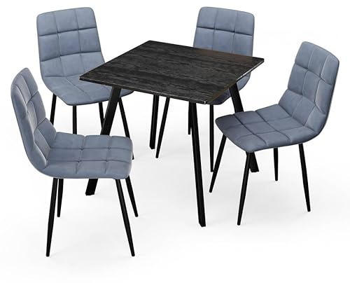 URBNLIVING 80cm Square Table with 4 Velvet Chairs | Stylish Dining Set for Apartment & Small Spaces - Black Wood Table Madison Blue Chair