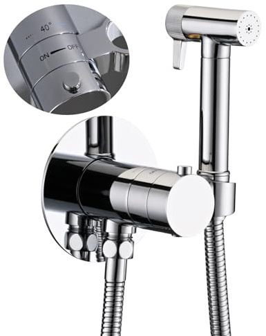 WRKMH Bidet Handbrause Set mit Thermostat, Chrom 2 Funktionen Handbrause Toilette Messing Wandmontiert Bidet Armaturen mit 1.2m Duschschlauch