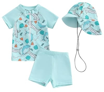 JiAmy Conjunto de 3 piezas de camiseta de protección contra erupciones para niños pequeños con traje de baño de manga corta para niños