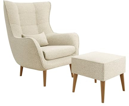 Mirjan24 Sessel Lucio Boucle, Polstersessel, Armsessel, Armchair, Relaxsessel, Fernsehsessel, Loungesessel, Top-Qualität Sitzmöbel, Ohrensessel (Lambi 08, mit Hocker)