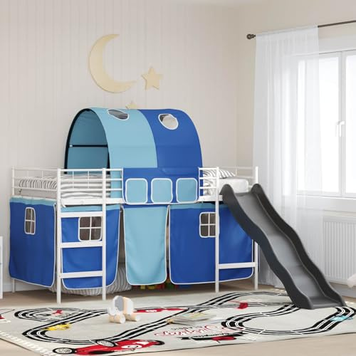 PUGYNBK Weiß und Blau Hochbett-Rahmen 79,5 x 200 cm mit Bogen-Design, Vorhängen und Rutsche für Schlaf- und Spielbereich, Robuster Metallrahmen, Plattform-Lattenrost, Atmungsaktives