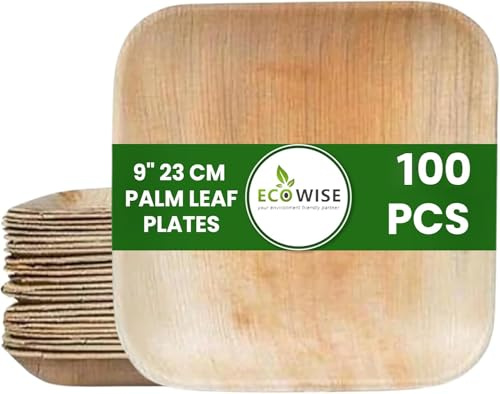 EcoWise 100 Palm Leaf Plates 9 Inch Square – Eco-Friendly Biodegradable Compostable Bamboo Plates, Disposable Dinner Party Plates for Hot & Cold Food, Picnic, Wedding & Events