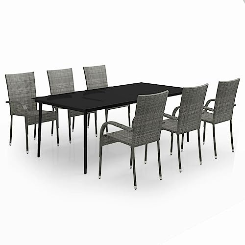 GeenYuu Juego de comedor de jardín de 7 piezas, color gris y negro, de ratán de polietileno y acero pulverizado, con mesa de cristal, 200 x 100 cm, para balcón, terraza y jardín, resistente a la