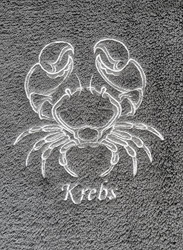 KringsFashion Duschtuch mit Sternzeichen 7 Krebs (Geburtstag 22.06. - 22.07.), hochwertig Bestickt, 70x140cm, Farbe: Anthrazit, Stickfarbe Tierkreiszeichen: Silbergrau