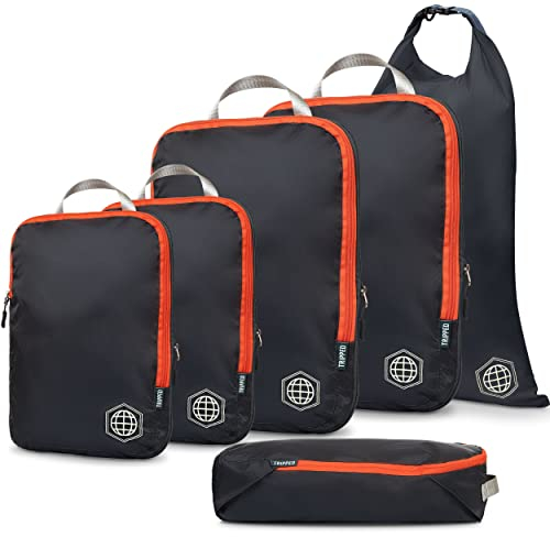 Kompressions-Verpackungswürfel für Reisen, Packwürfel und Reise-Organizer, Grau und Orange, 6 Stück