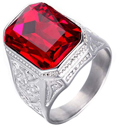 PAURO Herren Edelstahl Jahrgang Hochzeit Versprechen Rubin Ring mit Großem Stein Silber Rot Größe 60 (19.1)