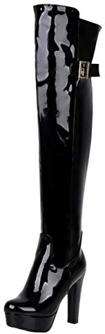 MISSUIT Damen Lack Overkneestiefel High Heels Blockabsatz Boots Plateau Stiefel mit Schnallen und Reißverschluss(Schwarz,37)