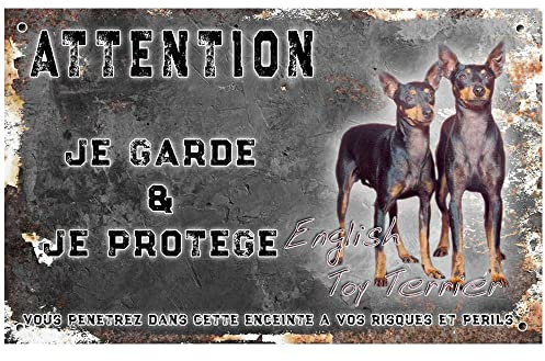 Cartel atención al perro personalizado toy terrier negro y fuego - pre perforado y tornillo datos. De 30 cm a 15 cm…