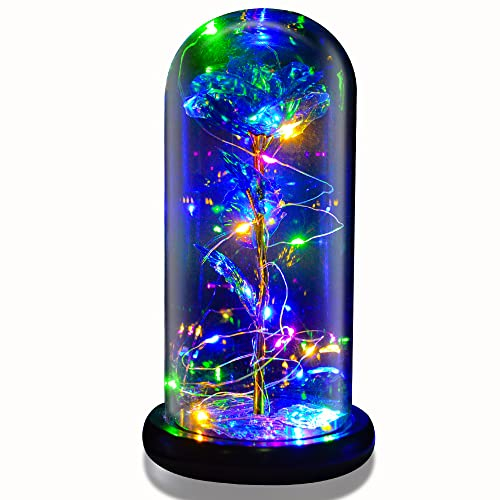 QUELIEN Beauty and Beast Rose，Galaxy Flower Rose Gift for Girlfriend，Glass Flower Roses，Unique Gifts for Women, Christmas, Birthday，Thanksgiving,Valentine's Day,Anniversary (blue)