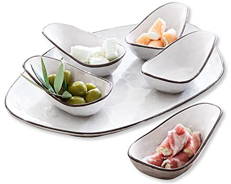 LOBERON Servierschälchen 6er Set Biarré, fünf Schälchen + Unterteller, für Dips und Saucen, traditionelle Handarbeit, Küchenutensilien, Tischaccessoires, Steinzeug, weiß