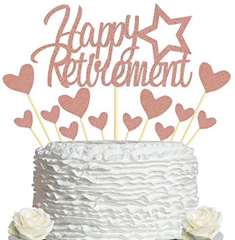 Sumerk Rose Gold Glitter Happy Retirement Cake Topper Retired Theme Cake Decorations Set with Heart Cupcake Toppers Party Decorations Supplies - Pack of 13