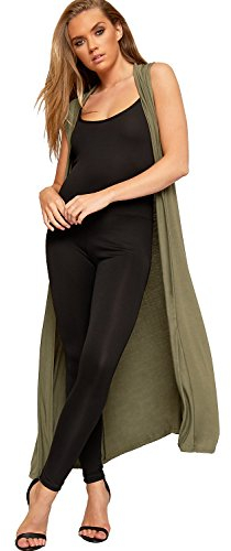 WearAll Women's Sleeveless Maxi Long Length Boyfriend Cardigan Collar Long Floaty Duster Jacket Coat Blazer Waistcoat - Khaki Green - 24-26