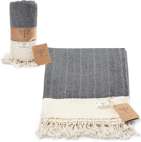 Smyrna türkische 100% Baumwolle Vintage Kuscheldecke | Beste Qualität | Große 152 x 205cm Kuscheldecke | Hergestellt in der Türkei |Maschinenwaschbar | Premium Luxus Badetuch & Picknickdecke - Schwarz