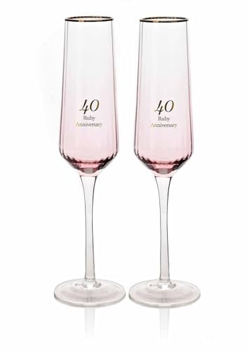 Widdop Amore by Juliana Set of 2 Flute Rippled Glasses in Gift Box - (40th Anniversary), Golden,pink (AM22240)