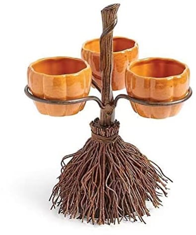 MAICOLA Halloween Pumpkin Snack Bowl Stand, Halloween Cupcake Stand Halloween Broomstick Snack Bowl Stand Resin, Halloween Decorations Party Accessories