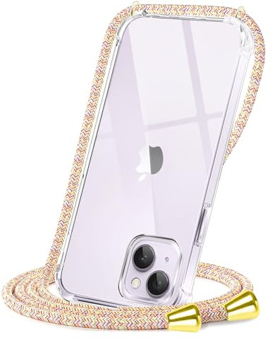 CAROKI Crossbody Case for iPhone 14,Necklace Mobile Phone Cover with Cord Strap Clear Transparent TPU Soft iPhone 14 Cover Holder with Neck Cord Lanyard Strap-Rainbow