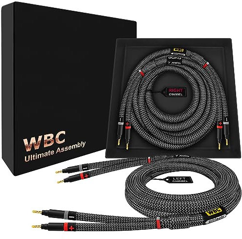 WORLDS BEST CABLES 8 Foot Ultimate - 7 AWG - Ultra-Pure OFC – Extra Premium Audiophile HiFi Speaker Cable Pair with Eminence Gold Banana Plugs & Carbon Tweed Jacket
