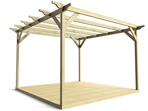 Wooden pergola and decking complete DIY kit (2.4m x 2.4m Sculpted gazebo design, Natural (light green) finish)