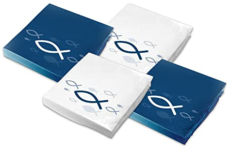 itenga Servietten Fisch 30 x 30 cm 3-lagig 80 Stück für Taufe Kommunion Konfirmation Jungen und Mädchen (Mix Pack - weiß und blau)