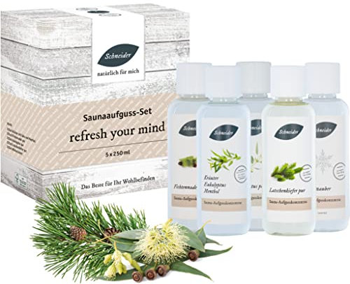 Saunabedarf Schneider - Aufgussset refresh your mind - 5 x 250 ml Inhalt - waldig-frischer Saunaaufguss, wohltuender Mix