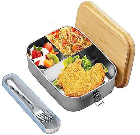 Fiambrera con 3 Compartimentos y Cuchara Tenedor 1200ml, Lunch Box, Bento Box de Acero Inoxidable para Microondas y Lavavajillas, Lonchera para Adultos Niños Escuela Trabajo