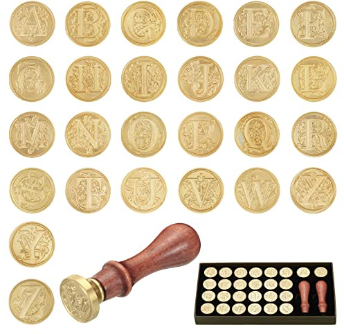 PATIKIL Alphabet Wachssiegel Stempel Kit 26 Buchstaben A-Z Versiegelung Wachsstempel mit 2Stk Holzern Griffe Geschenk Box Buchstabe Anfangs Messing Kopf Vintage