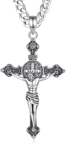 INFUSEU Jesus Kreuz Kette, Kruzifix Benedikt Siegel Patron Anhänger 925 Sterling Silber Christlicher Religiöser Schmuck Göttliche Liebe Spiritueller Schutz Amulett Geschenke für Männer Frauen