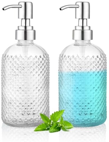 Kyraton Sapone Liquido, Dispenser di sapone in barattolo trasparente da 350 ml 2 pezzi con pompa in acciaio inossidabile, distributore di sapone da cucina da bagno ricaricabile con sapone per le mani