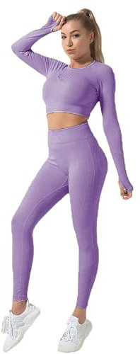 Jamron Donna Inverno Spesso 2 Pezzi Set di Abbigliamento Yoga Crop Top + Leggings Tuta da Ginnastica Viola SN079110 S