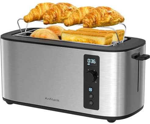 Anfilank Toaster 4 Slice with Countdown Timer, Extra Wide Slots for Bagels and Waffles, 6 Browning Settings, Removable Crumb Tray, Stainless Steel