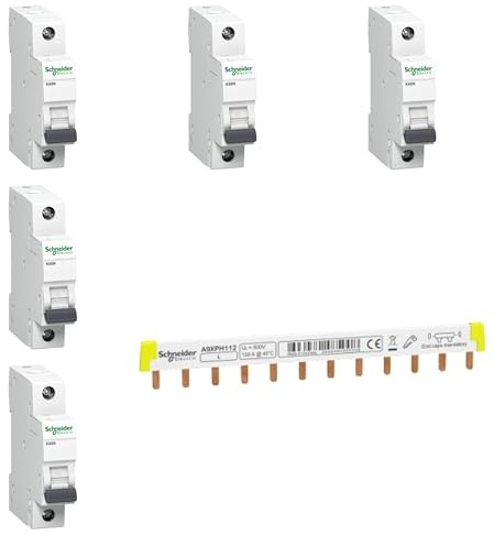Bundle aus Schneider Electric A9XPH112 Phasenschiene Steg, ablängbar, 1P, 12 TE, 100A + Schneider Electric Leitungsschutzschalter K60N 1P 10A B, A9K01110 (Packung mit 5)