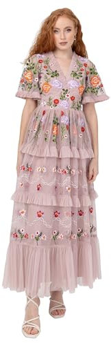 Maya Deluxe Robe midi pour Femme, col en V, Manches Courtes, Broderie Florale, Dentelle, Tulle, Ligne A, pour invitées de Mariage, Bal de Fin d'année, Rose poudré 38, Rose, 36
