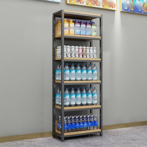 EXCLURA 5-tier Steel Snack Rack Wood Board, Freestanding Snack Organizer for Business, Snack Storage Stand for Supermarket/Kitchen/Movie Theater