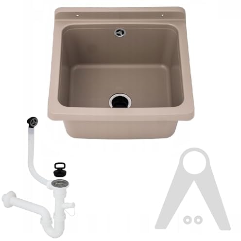 QLS Lavandino Esterno Giardino Garage Cantina Lavanderia Officina (Beige) 40 x 38 cm in Plastica, Installabile a Parete, Ideale per Interni ed Esterni