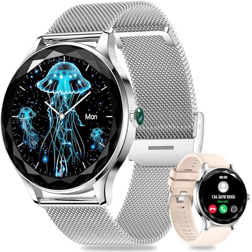 Fsdibst Smartwatch Damen Silber, Uhren Damen Smartwatch Rund mit Telefonfunktion, Andriod Smart Watch Ersatzarmbänder IOS für Damen