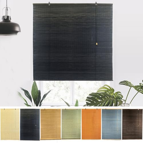 NIANXINN Indoor Bamboo Roller Blinds, Retro Roman Blinds, Natural Wooden Window Decorative Curtain, 95% Blackout Sunscreen Privacy Custom, Width x Height (110cm x 180cm, Black)
