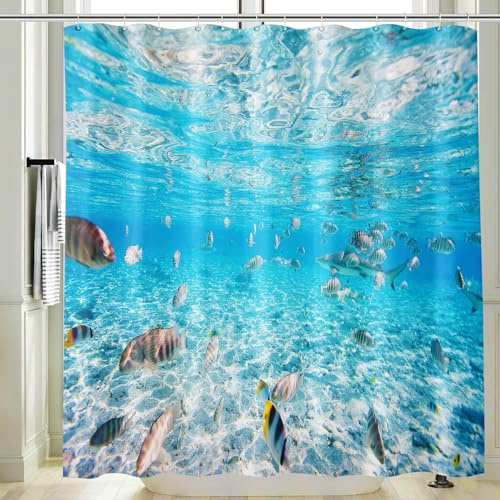 Vgzsyomqib Poisson Rideau Douche Anti Moisissure Imprimé Mer Bleu Rideau de Salle Bain 180x200 Long Tissu Polyester Imperméable Motif sous Marin Océan Rideaux Baignoire Lavable avec Crochet