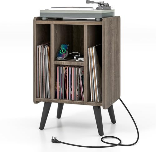COSTWAY Mesa Auxiliar con Estación de Carga, Soporte para Tocadiscos con Amplia Encimera, Toma De Corriente, Estante de Exhibición para Tocadiscos Vintage para Sala de Estar, Dormitorio (Roble Gris)
