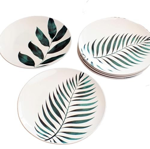 Darthome Set of 6 Emerald Green Leaf Dinner Plates 27cm Ceramic Modern Country Leaves Table