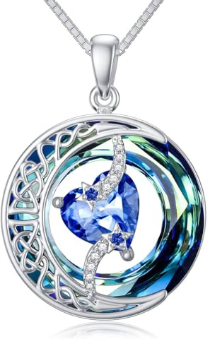 TOUPOP Kette Damen Herz Geburtsstein Sterling Silber Schmuck Geschenk | Mond Stern Halskette für Frauen Schmuck Freundin Weihnachten Valentinstag Geburtstag Muttertags Geschenk Hochzeit Jubiläum