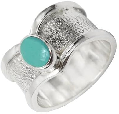 JEWELFORCE 925 Sterling Silber Aqua Chalcedon Edelstein Ring Herren Damen Stein Band Ring Alle Größen Ring Handgefertigter Schmuck JSR-1100CE_51 (16.2)