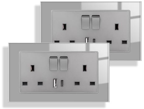 JIMEIDA 2 Pack Double Switched Socket Grey 20W Fast Charging 13 Amp with USB A and Type C Charging Ports Crystal Glass Panel Switched Socket