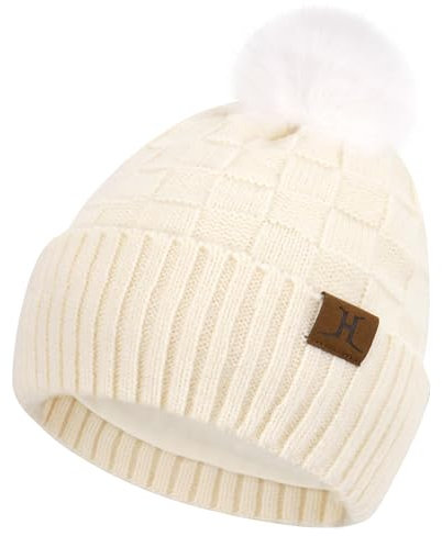 ZASFOU Damen Winter Mütze Beanie mit Fleecefutter Warme Plaid Pompom Wintermütze Thermo Strickmütze Mützen für Frauen Geschenk
