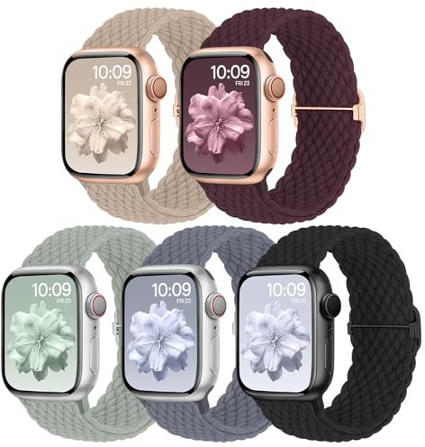 Geflochtenes Armband Kompatibel mit Apple Watch 42mm 44mm 45mm 46mm 49mm, Elastisches Nylon Stoff Band für Apple Watch 11 10 9 8 7 6 5 4 3 2 1 SE 3 SE 2 SE Ultra 3 Ultra 2 Ultra, 5 Stück