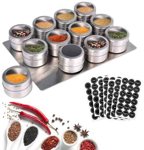 Smith & Barker - 12 potenti barattoli magnetici per spezie: contenitori per spezie in acciaio inox, barattoli per spezie da cucina con coperchio trasparente con setaccio e versare, base da parete in