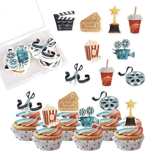 Xsstarmi 56 Pack Movie Theme Edible Cupcake Toppers Rice Paper Movie Night Roll Camera Popcorn Cupcake Picks Decorations for Baby Shower Kids Birthday Movie Theme Party Cake Decorations