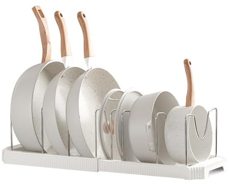 Rangement Poele et Casserole pour Tiroir Cuisine, Organisateur Casserolier, Range Couvercle avec 7 Compartiments Réglables, Porte-casseroles Support Extensible, Organisateur Casserole Tiroir Cuisine